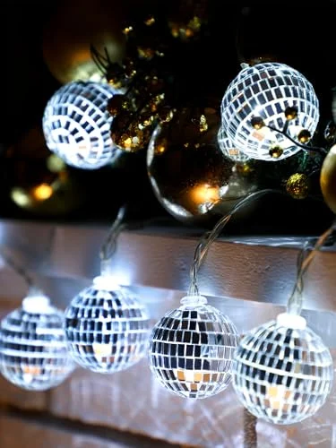 10/20 LED Disco Ball String Light Battery Powered Mirror, silver white, product photo