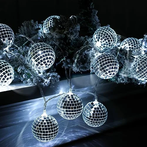 10/20 LED Disco Ball String Light Battery Powered Mirror, silver white, product photo