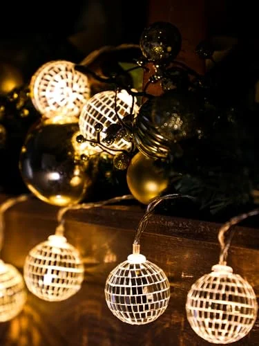 10/20 LED Disco Ball String Light Battery Powered Mirror, warm silver, product photo