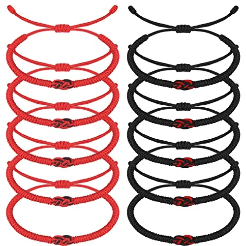 Ten knotted cord bracelets in red and black, arranged in two columns