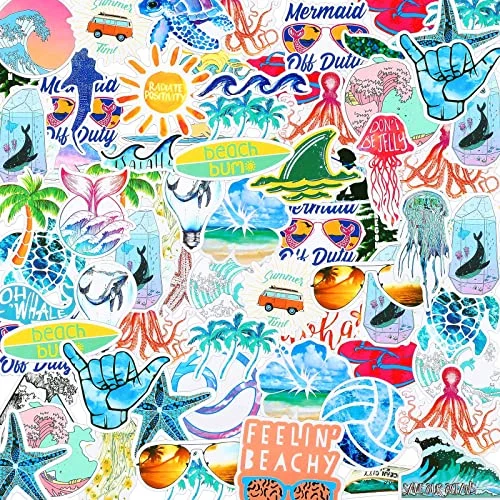 100 Pcs Beach Ocean Vinyl Stickers for Water Bottle, colorful, product photo