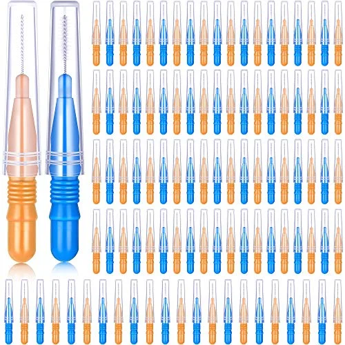 100 Pcs Braces Dental Brush Flosser for Cleaner Interdental, orange and blue, product photo