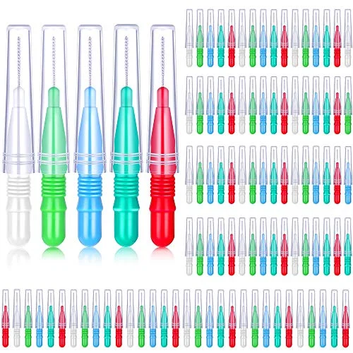 100 Pcs Braces Dental Brush Flosser for Cleaner Interdental (B08HLZQVXZ), red white green light green, light blue, product photo