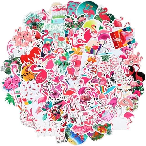 100 Pcs Flamingo Stickers Tropical Hawaiian Party Favors Waterproof, flamingo style, product photo