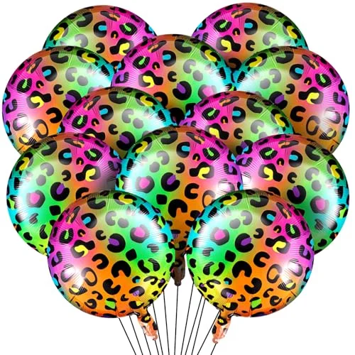 12 Pcs 18 Inch Neon Rainbow Leopard Birthday Foil, multicolor, product photo