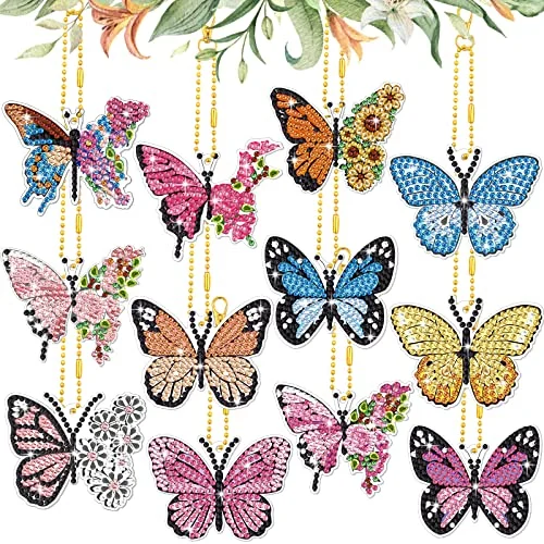 12 Pcs Butterfly Diamond Art Keychains Kit 5d DIY, yellow, product photo