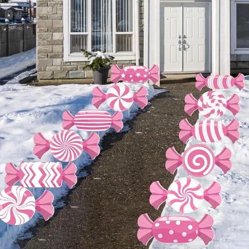 12 Pcs Christmas Candy Lawn Yard Sign with Stakes, pink, product photo