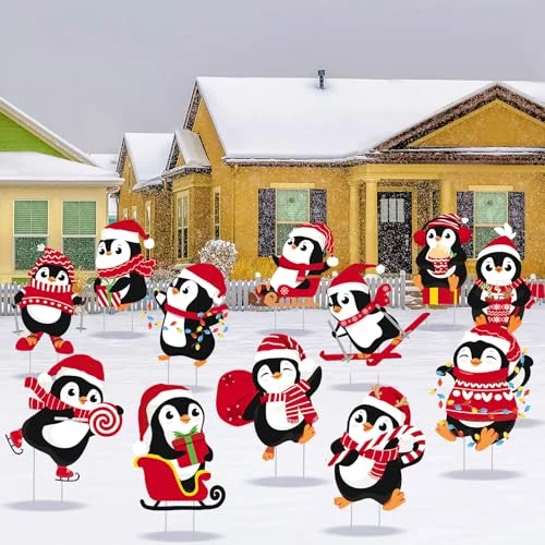 12 Pcs Christmas Penguin Yard Signs with Stakes Outdoor, classic color, product photo