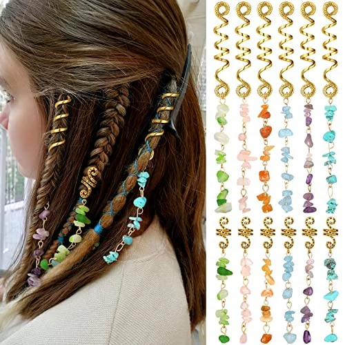 12 Pcs Hair Jewelry for Braids Natural Crystal Stone, fresh colors, product photo