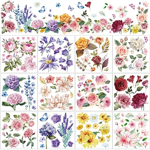 12 Sheets Summer Floral Rub on Transfers for Crafts, multicolor, product photo