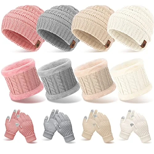 12pcs Winter Beanie Hat Scarf Gloves Set Thick Beanies, beige, pink, white, gray, product photo