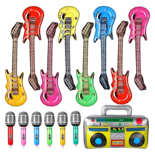 15 Pcs Inflatable Guitars Rock Star Toy Set Party, red, pink, orange, yellow, green, product photo