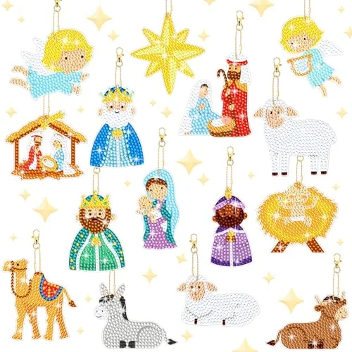 15 Piece Christmas Diamond Art Keychains & Ornaments, red, green, gold, product photo
