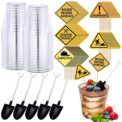 150 Pieces Party Supplies - 50 Plastic Shovel Spoons, clear, black, white and yellow, product photo