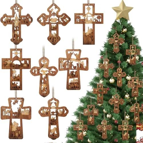 16 Pcs Christmas Nativity Scene Cross Ornaments Religious Wooden, brown, product photo
