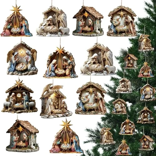 16 Pcs Christmas Nativity Scene Ornaments 3D Religious Wooden, multi color, product photo