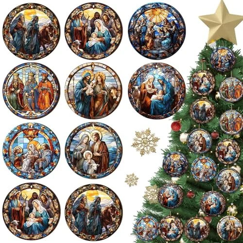 16 Pcs Christmas Nativity Scene Ornaments Round Shape Religious, multi color, product photo