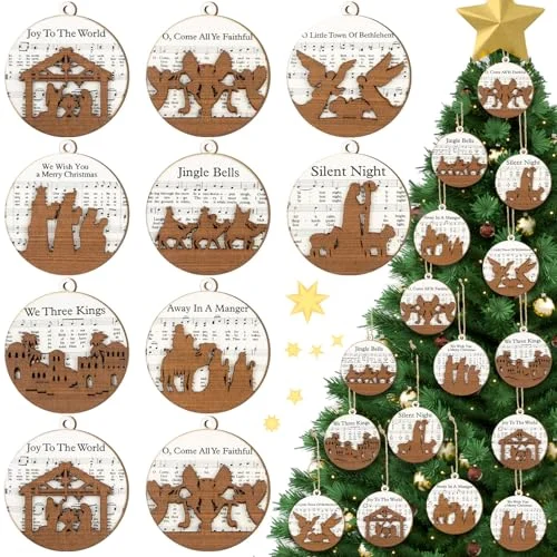 16 Pcs Christmas Nativity Scene Ornaments Wooden Christmas Music, brown, product photo