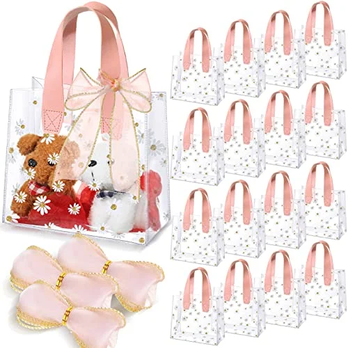 16 Pcs Clear Plastic Gift Bags with Handle Transparent, pink, product photo