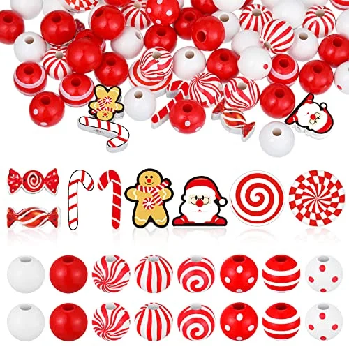 180 Pcs Christmas Wooden Beads Candy Cane Wooden Beads, red, product photo