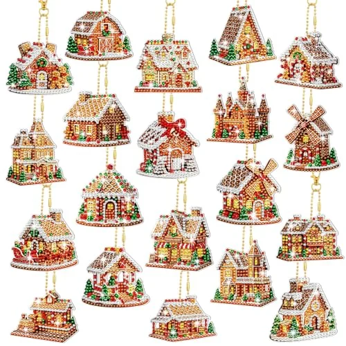 20 Pcs Christmas Diamond Art Keychains Funny Gingerbread House, gingerbread house, product photo