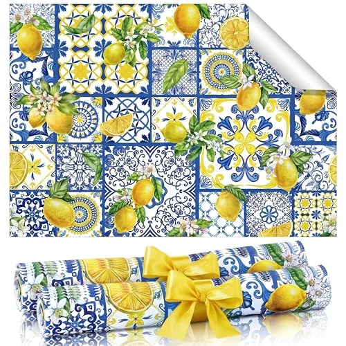 20 Sheet Summer Mediterranean Lemon Scented Drawer Liners for, colorful, product photo