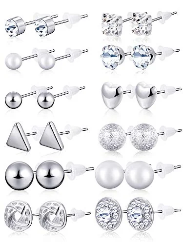 24 Pairs Stud Earrings, sliver, product photo