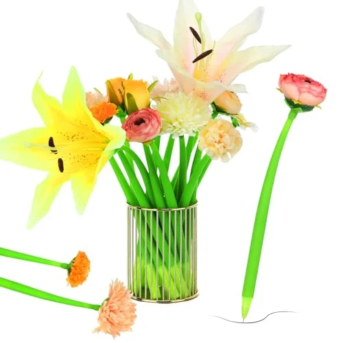 24 Pcs Mother's Day Flower Pens Daisy Rose Lily, black, product photo