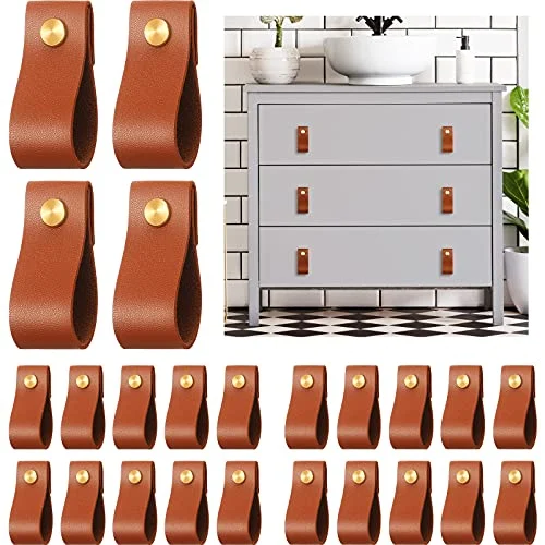 24 Pieces PVC Leather Drawer Pulls Handmade PVC Leather, gold,brown, product photo