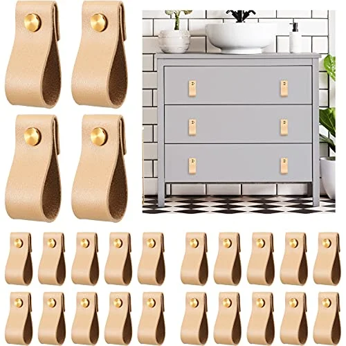 24 Pieces PVC Leather Drawer Pulls Handmade PVC Leather, light brown, product photo