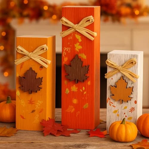 3 Pcs Fall Wooden Table Decor Fall Tabletop Block, red, pink, white, product photo