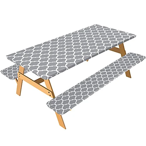 3 Pieces Vinyl Fitted Picnic Table Cover with Bench, grey geometric pattern, product photo