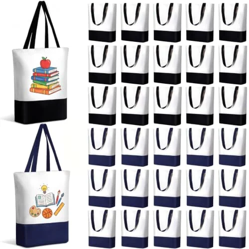 30 Pack Back to School Gift Canvas Tote Bags, blue, black, product photo