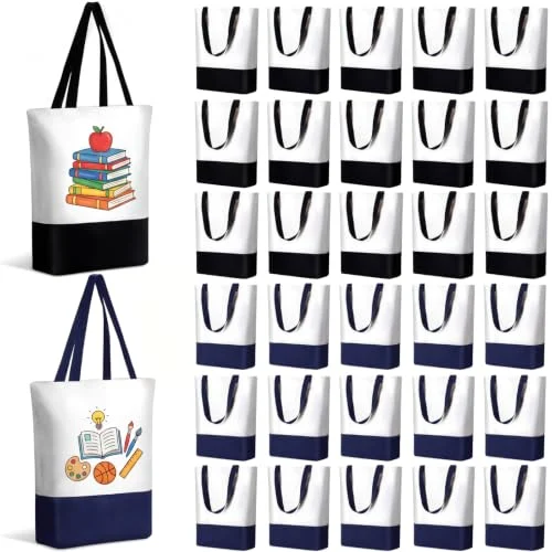 30 Pack Back to School Gift Canvas Tote Bags, blue, black, product photo