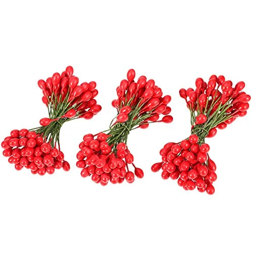 300 Pcs Artificial Holly Christmas Fake Berries on 150, red, product photo