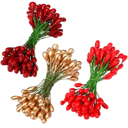 300 Pcs Artificial Holly Christmas Fake Berries on 150, dark red,red,gold, product photo