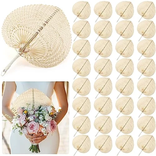 32 Pieces Woven Bamboo Fans Handmade Hand Weaving Handheld, natural, product photo