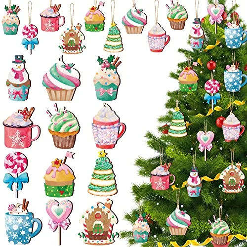 36 Piece Christmas Ornaments - Wooden Cupcake & Candy, brown, product photo