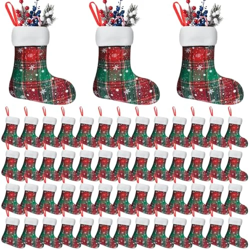 36 Pieces Christmas Mini Stockings Buffalo Plaid 7″, snowflake, product photo