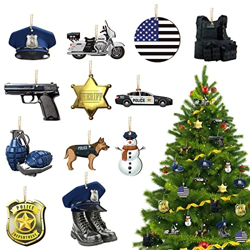 36 Pieces Police Christmas Ornaments Police Wooden Boots Car, blue, red, white, silver, product photo