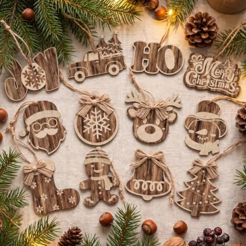 36 Pieces Rustic Christmas Buffalo Plaid Hanging Ornaments Xmas, wooden color, product photo