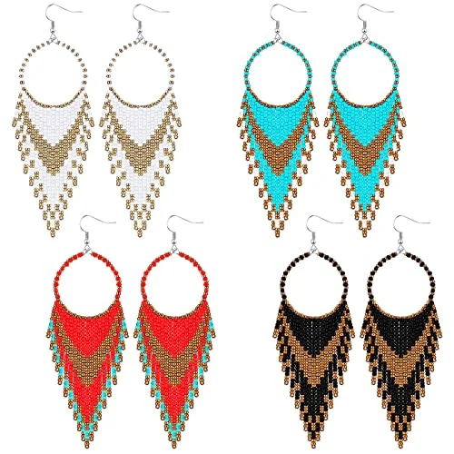 4 Pairs Long Tassel Beaded Boho Native Earrings, elegant color, product photo