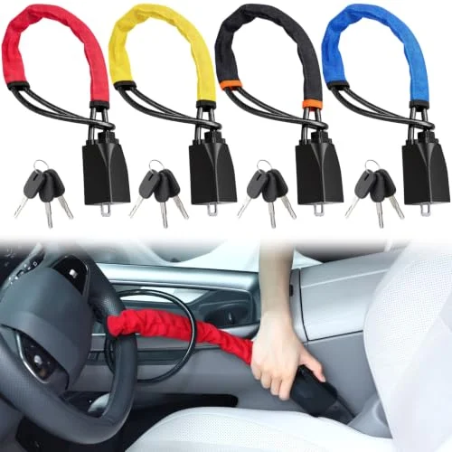 4 Pcs Car Steering Wheel Lock with Seat Belt, red, black, blue, and yellow, product photo