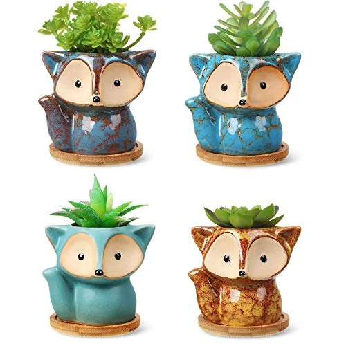 4 Pcs Fox Succulent Pot Cute Cartoon Ceramic Flower, fox style, product photo