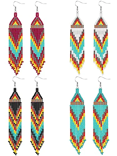 4 Pcs Long Beaded Tassel Earrings Bohemia Native Handmade, soft color, product photo