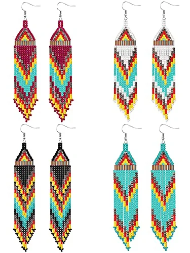 4 Pcs Long Beaded Tassel Earrings Bohemia Native Handmade, soft color, product photo
