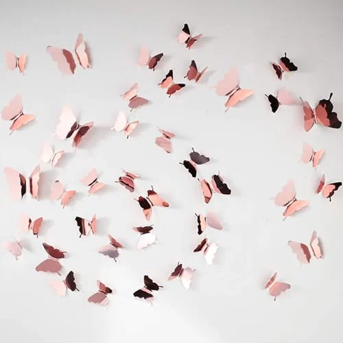 48 Piece DIY Mirror 3D Butterfly Stickers - Removable, gold,rose, product photo
