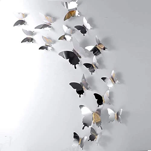 48 Pieces Butterfly Wall Decor DIY 3D Mirror Butterfly, silver, product photo
