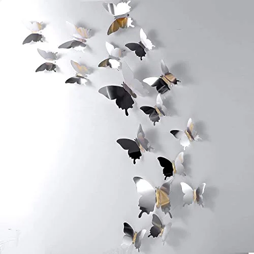 48 Pieces Butterfly Wall Decor DIY 3D Mirror Butterfly, silver, product photo