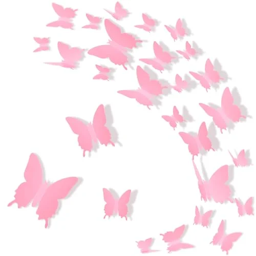 48 Pieces Butterfly Wall Decor DIY 3D Mirror Butterfly, pink, product photo